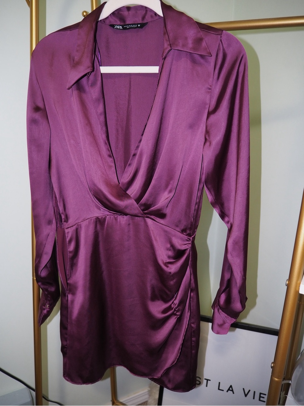 ZARA Deep Plum Purple Satin V-Neck Draped Wrap Effect Mini Dress - Size XS